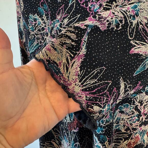 All Hours Sz L Lurex Glitter Floral Print Crinkle Texture Ruffle Trim Top Blouse - Picture 6 of 10